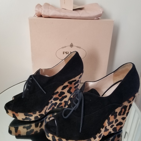 Prada Black Suede Leopard Pony Hair Wedge 39 - Picture 5 of 13